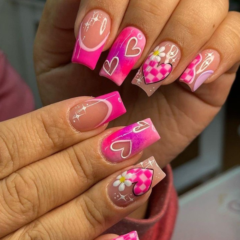 216 Pink Rose 3D Heart Shaped Nails – Removable and Reusable Fake Nail Art