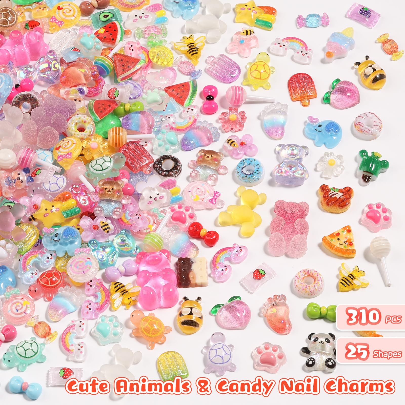 Kikonoke 300PCS Kawaii Nail Charms Kit, 3D Animal & Candy Animals &