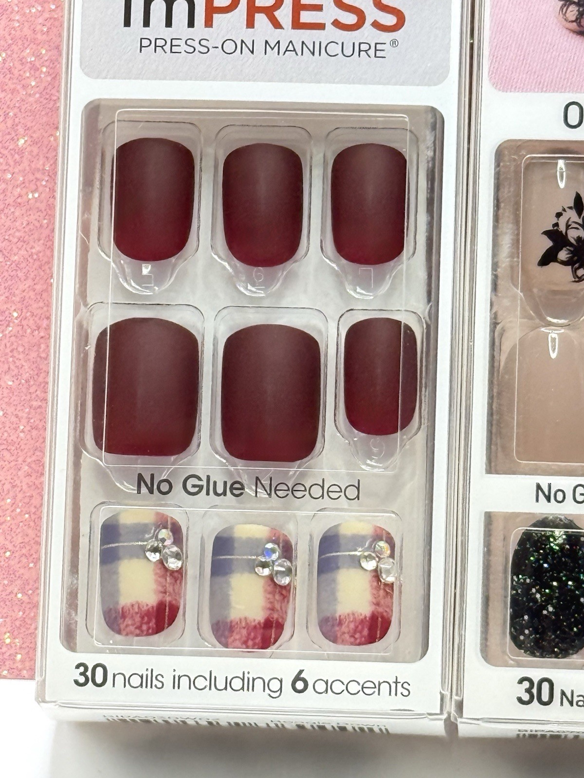 Kiss imPRESS No Glue Press-On Nails Burgundy Wine Nude Glitter Lot Of 3