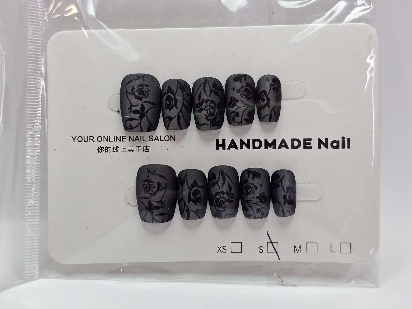 Handmade Press On Nails Black Grey Matte Floral Short Square
