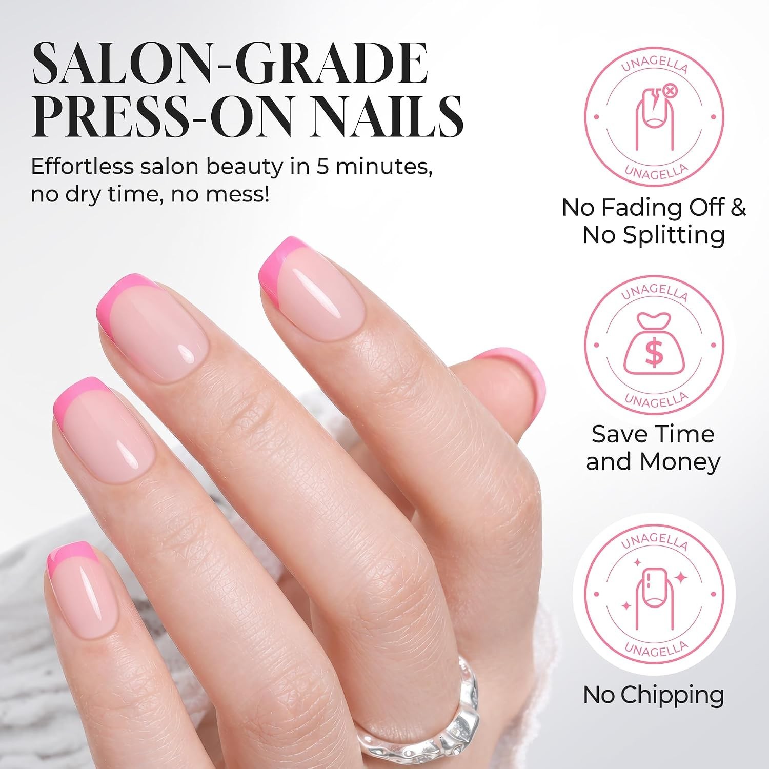 32Pcs Soft Gel Press on Nails – 16 Sizes Hot Pink French Tip Short Square Glu…