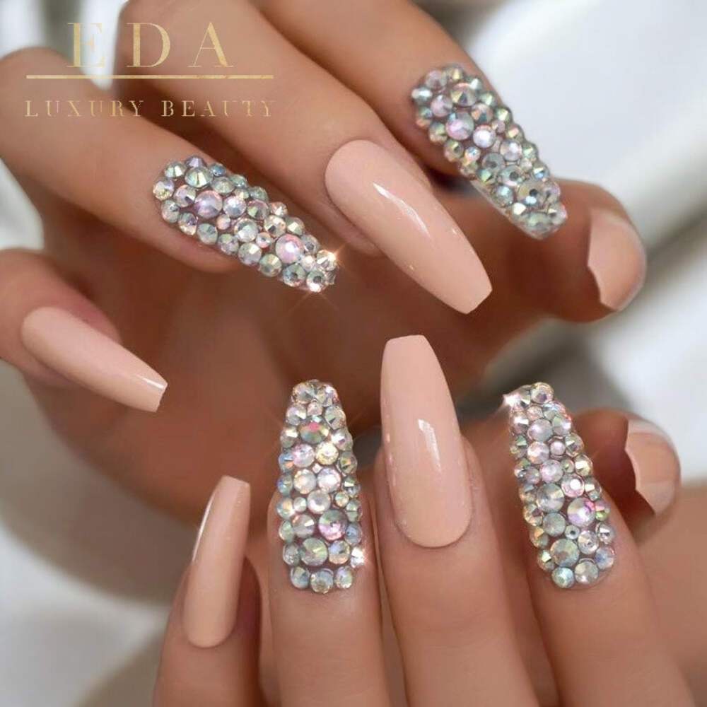 Nude Pink 3D Crystal Press On Nails Extra Long Ballerina Rhinestones Fake Nails