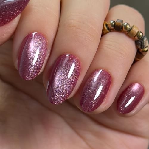 Press on Nails Short Almond Fake Acrylic Nails with Apricot Cat Eye Pink