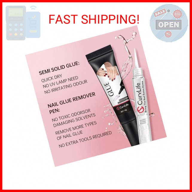 Curvlife 10g Semi Solid Nail Glue Gel with 5ml Nail Glue Remover Pen, No Need fo