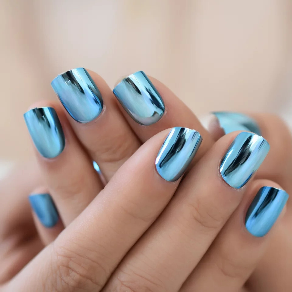 24 short blue chrome Press on nails kit w glue metallic mirror aqua