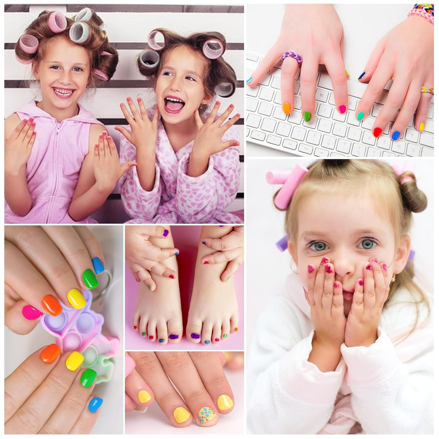 Kids Non Toxic Nail Polish Set for Girls with Gems Nail Stickers, 7 Color Peel-O