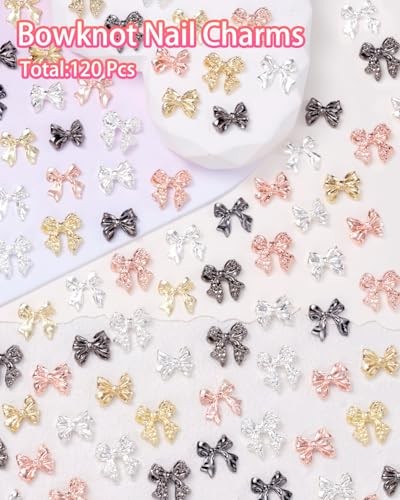 120 Pcs Alloy Bow Nail Charms and Gems, Silver Gold Black Bowknot Metal Nail