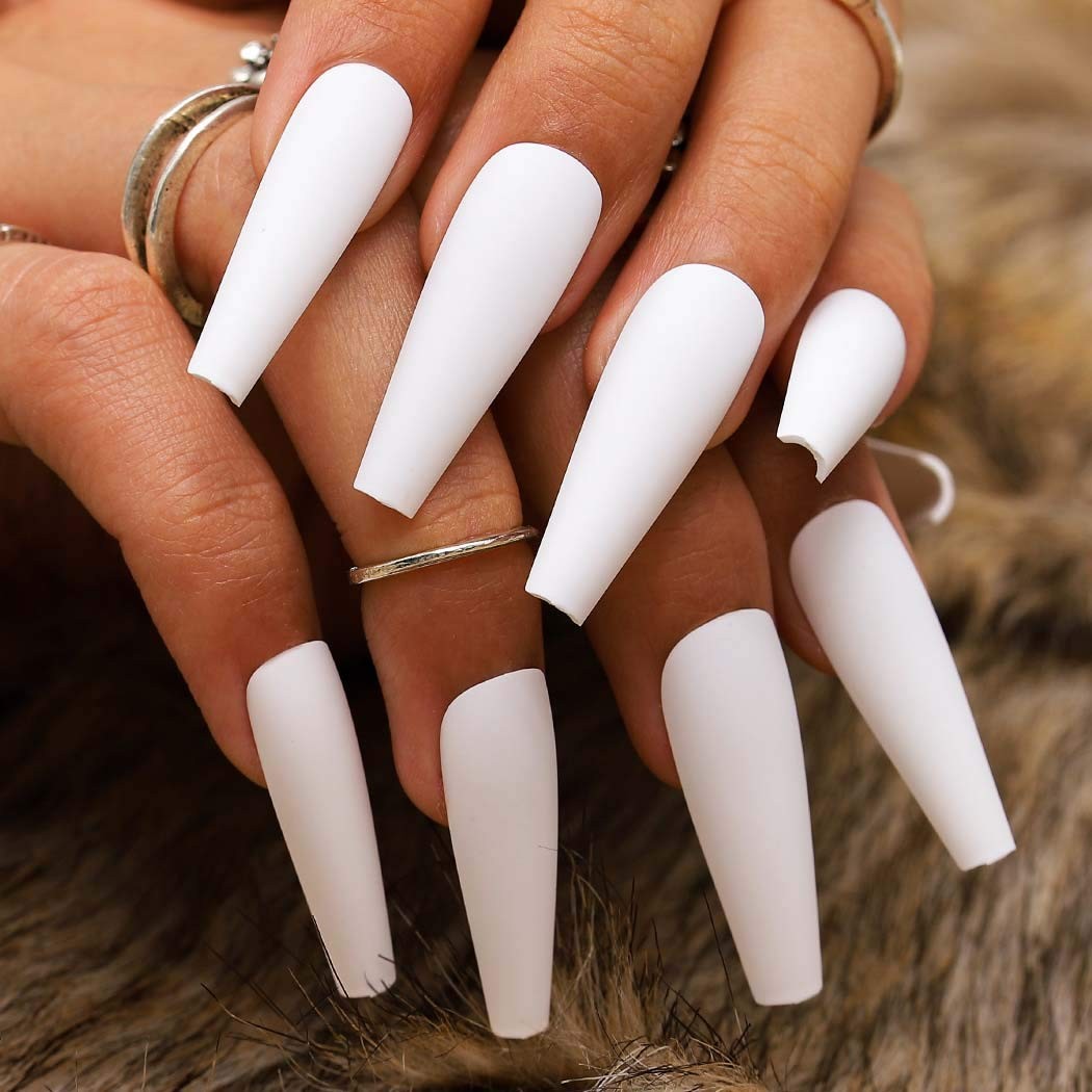 Matte White Press on Nails Coffin Long Fake Nails Solid Acrylic False Nails w…