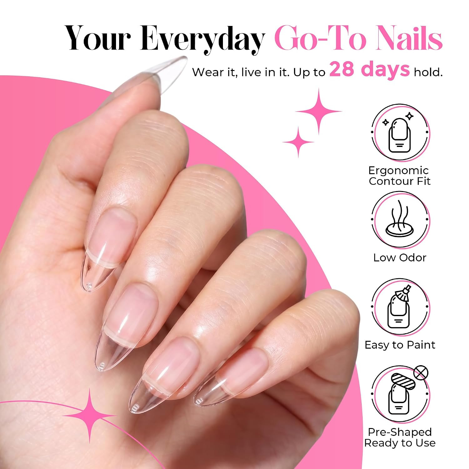 Medium Almond Gel Nail Tips and Glue Kit, 216Pcs Pre-Buffed Soft Gel Fake Nails
