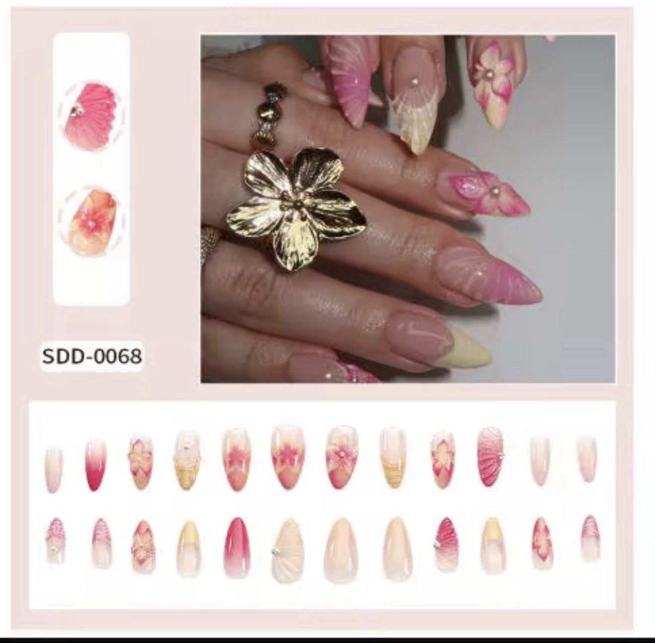 24Pcs 3D Press-On Nails Set (Bows, Rhinestones, Shells & Floral Designs) – Reus