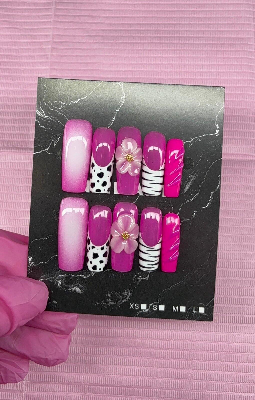 Long square press on nails animal print 3d gel flower aura
