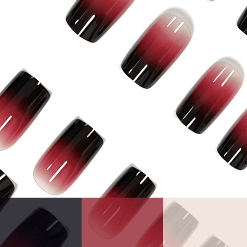 48Pcs-Glossy Medium Almond Red Black Gradient Press on Nails Daily Party Wear