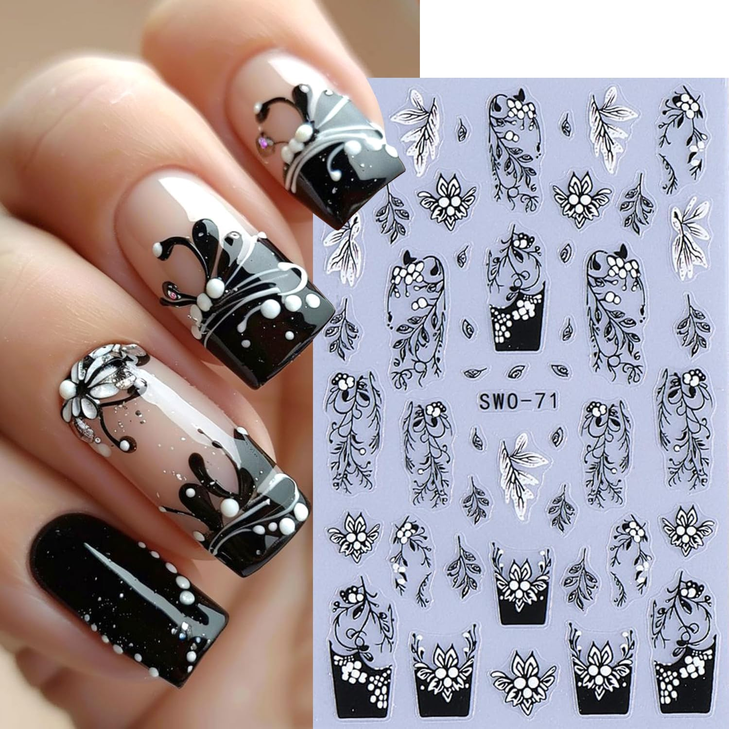 2Sheets Retro Black White Vine Flowers Nail Art Stickers 3D Embossed Pink Flower