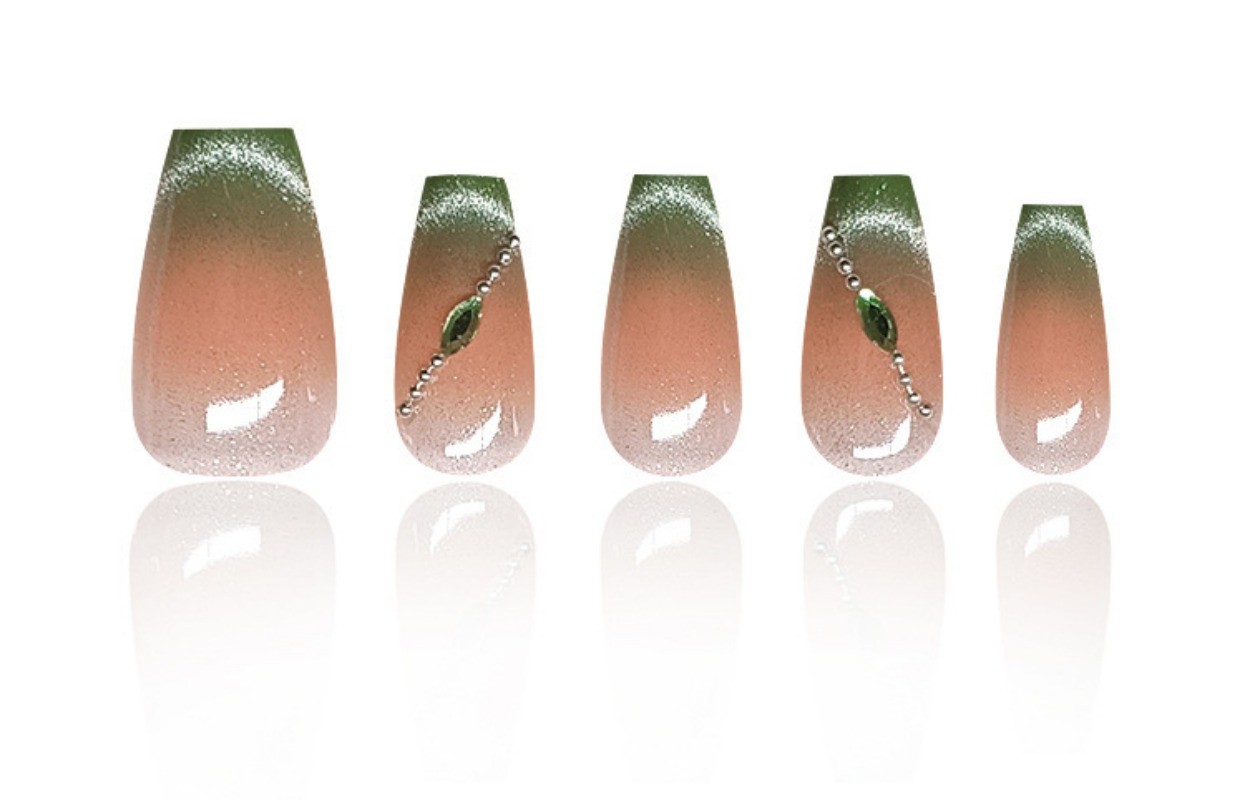 10Pcs Green Gradient Short Square Nails, Metal Chain & Crystal Cat Eye, Press