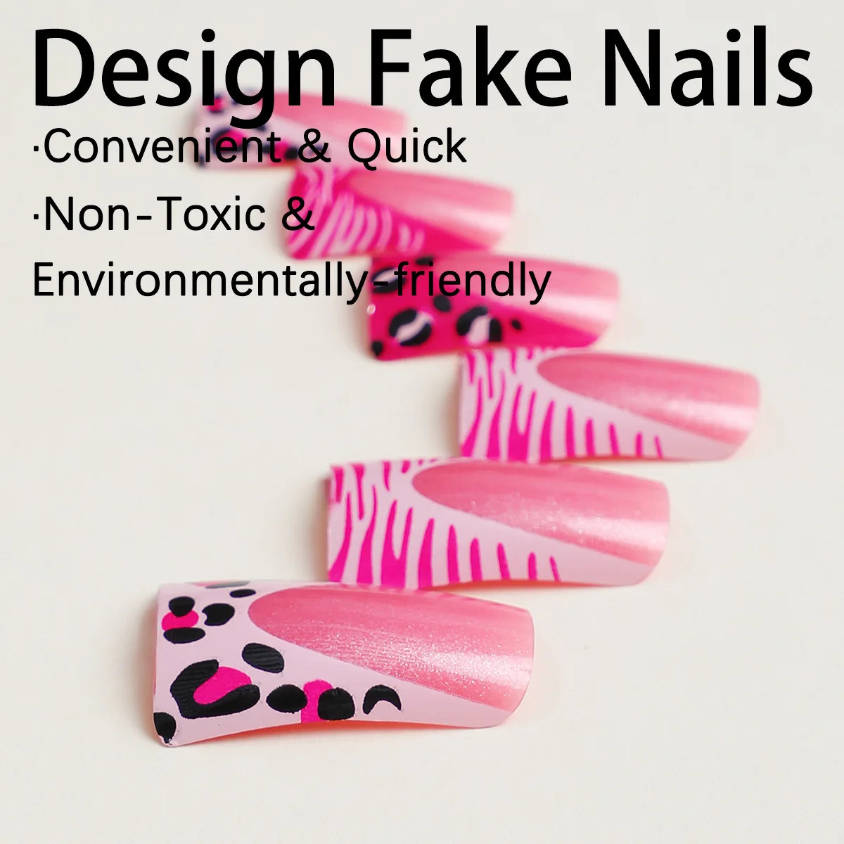 Pink Leopard Duckbill Press On Nails Sweet French Full Cover False Nails