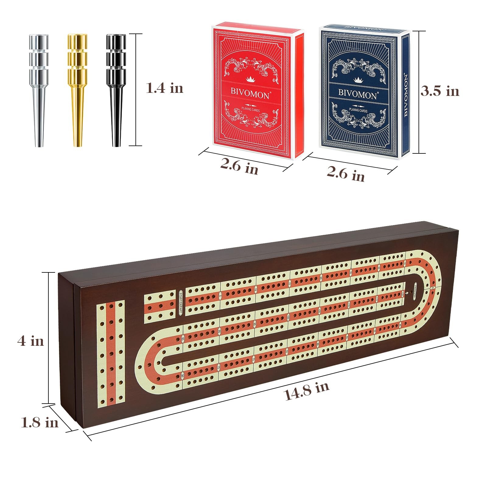 BIVOMON Cribbage Board Game Set Continuous 3 15 x 4 x 2 inches, Brown+classic