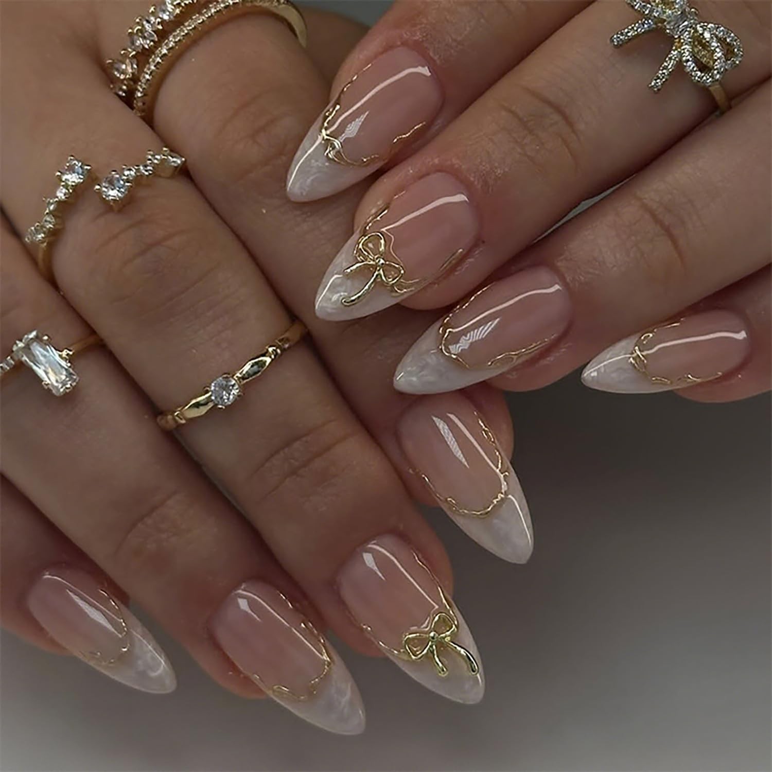 24pcs White French Tip Press on Nails Medium Almond Fake Nails with 3D Gold B…