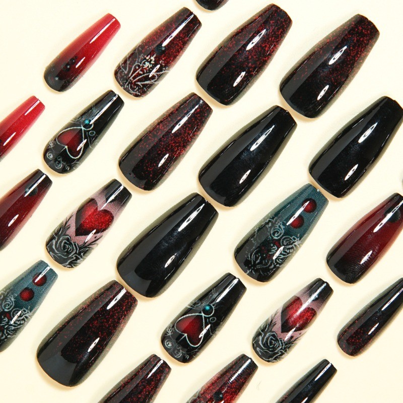 48 Pieces of Long Ballet Black Red Heart-shaped Rose Metal Reusable Nail Art