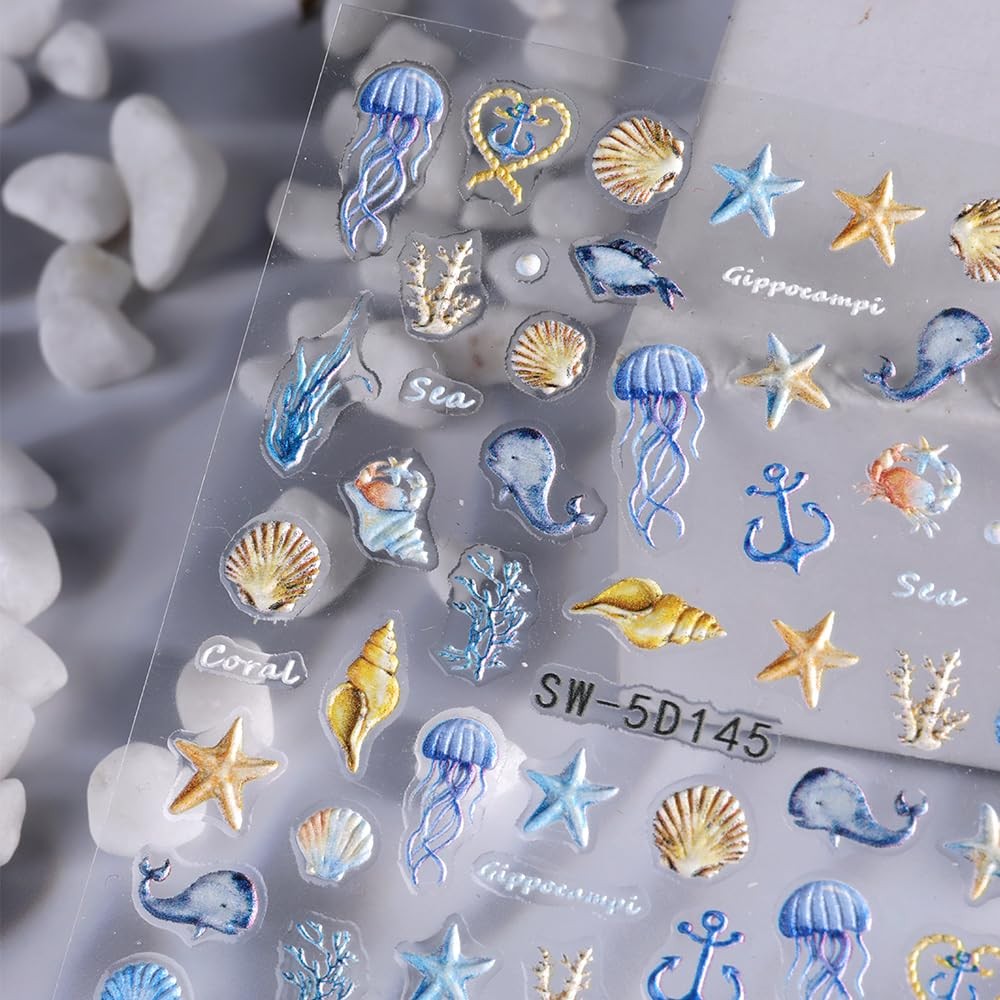 5D Embossed Ocean Nail Stickers – Summer Decals With Shell, Colorful