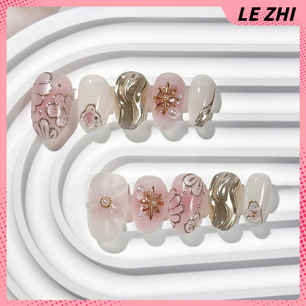 10Pcs Handmade Press on Nails Cat Eyes Flowers Square Ellipse Pearl Diamond