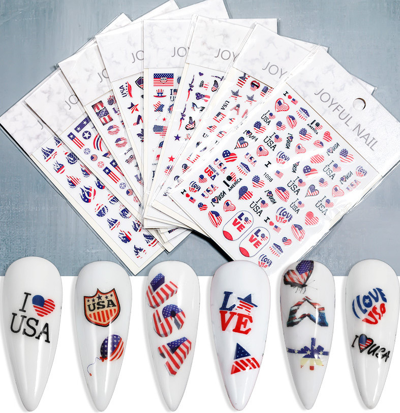 American Flag Star Heart LOVE July Memorial Day Butterfly 3D Nail Sticker NS3
