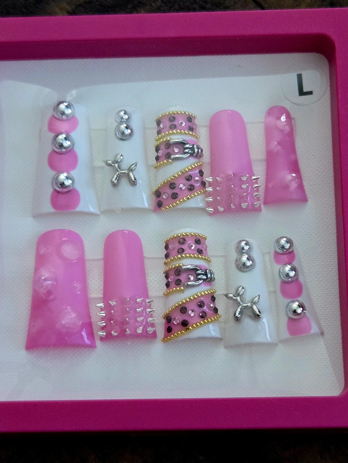Junk Nails 3D Press On Large Duck Nails Pink Silver Studs Rhinestone Dog Balloon