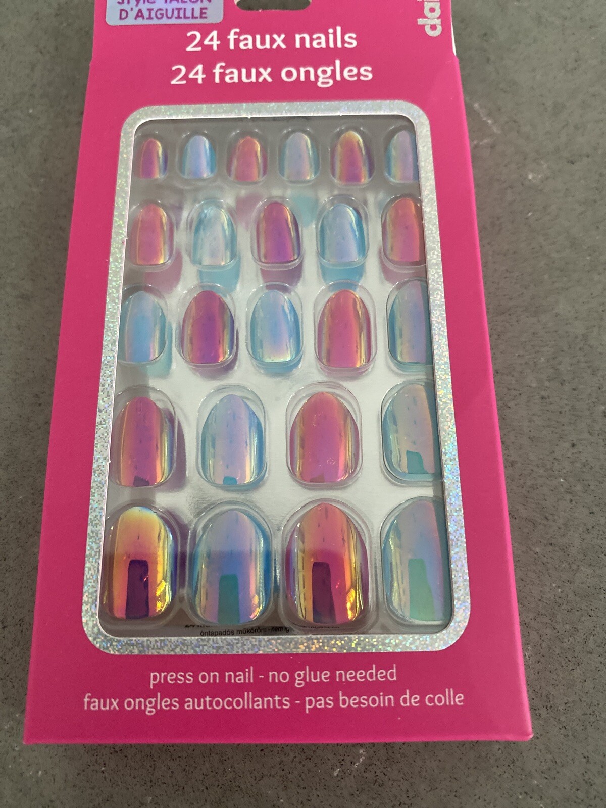 Claire’s Pastel Iridescent Stiletto Press On Faux Nail Set – 24 Pack | New