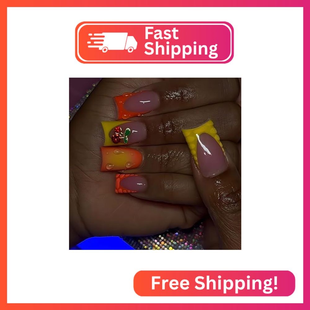 RIICFDD Duck Nails Press on Orange Yellow Wide French Tip Press on Nails with Du