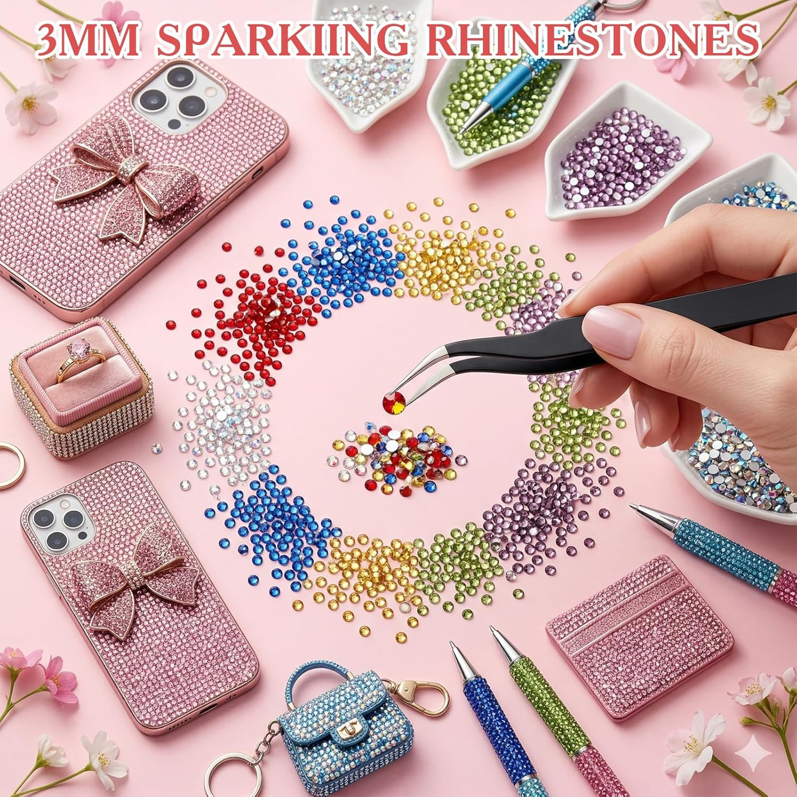 Bedazzling Kit with 3mm Rhinestones, Resin Flatback Gems, 42 Colors Craft