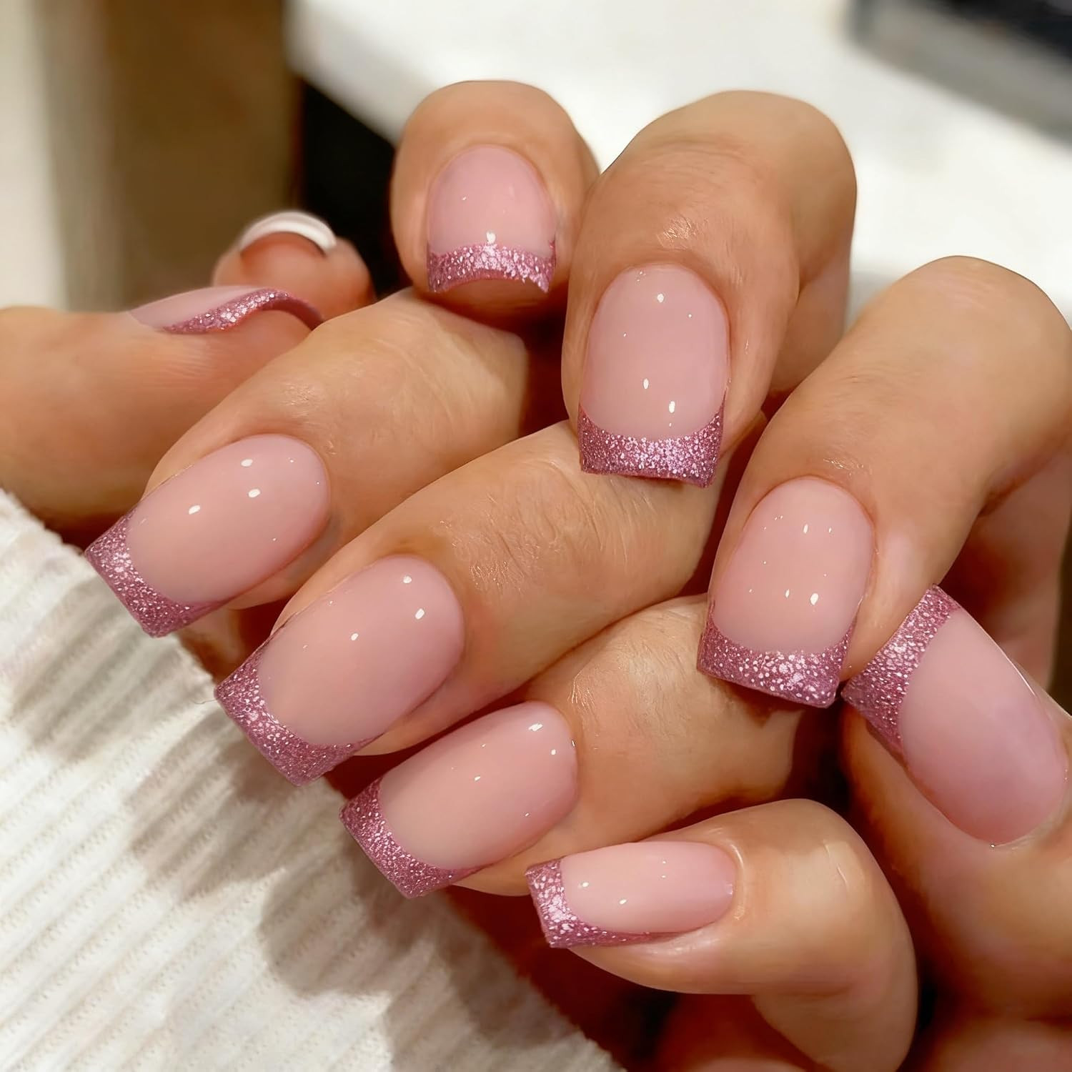 French Tip Press on Nails Short Square, Lime Green French Tip Nails with Natural