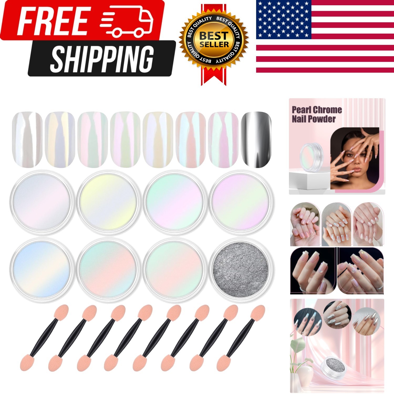 8 Jars Chrome Nail Powder Magic White Pearl Kit Mirror Effect Silver Metallic…