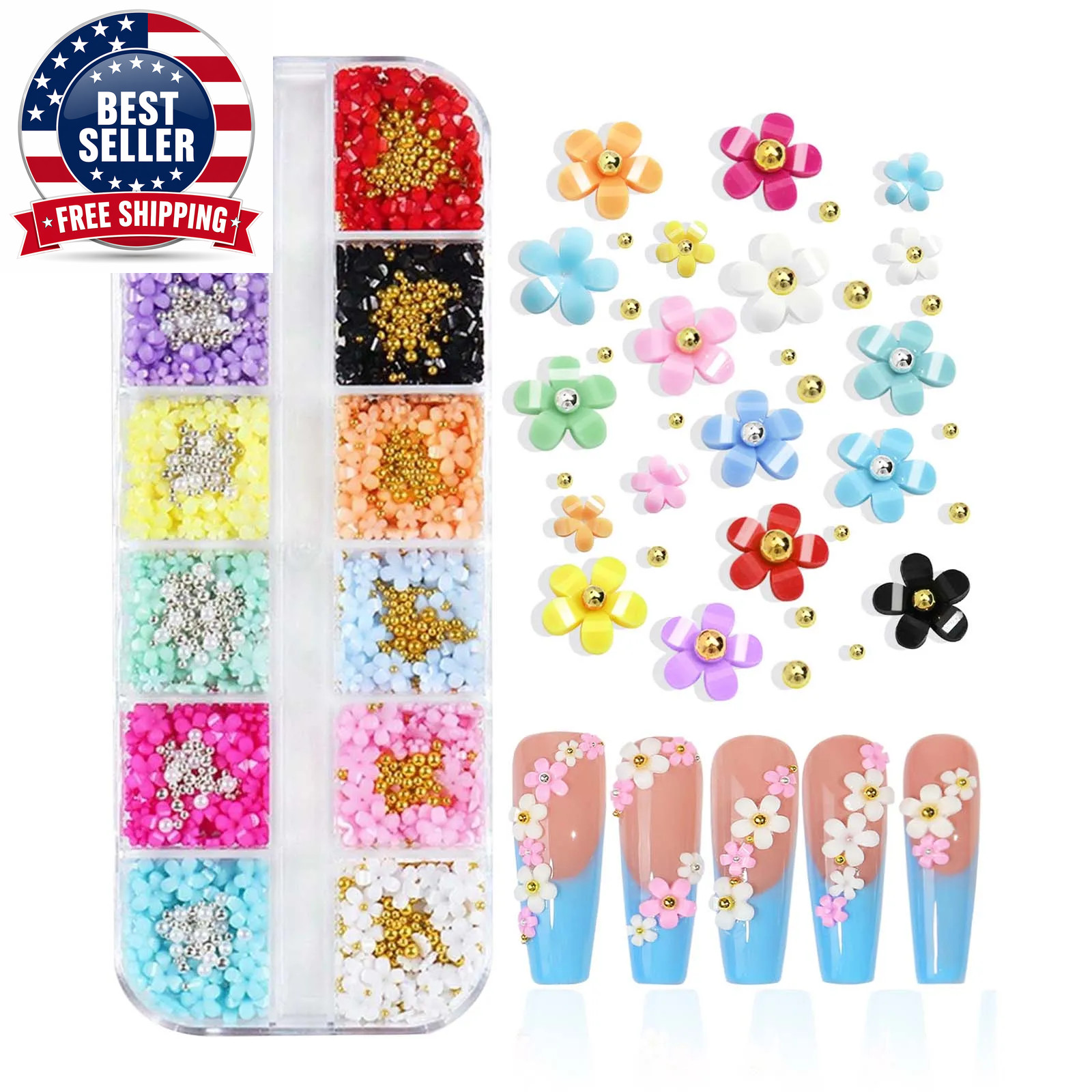 12 Grids/Box Nail Art Rhinestones 3D Color Resin Cute Flowers with Caviar Decora