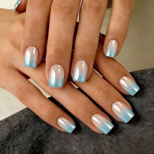 Ombre Press on Nails – Short Square – Glazed Gradient Teal Blue – Square – Ombre