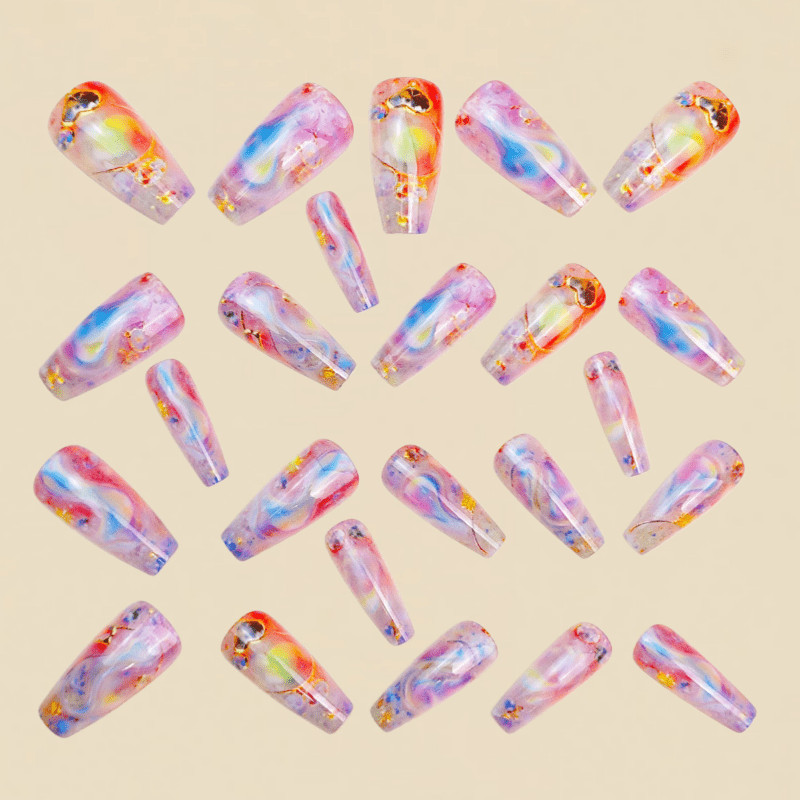 48 Pcs Iridescent Rhinestone Press on Nails, Long Coffin Nude Elegant Fake Nails