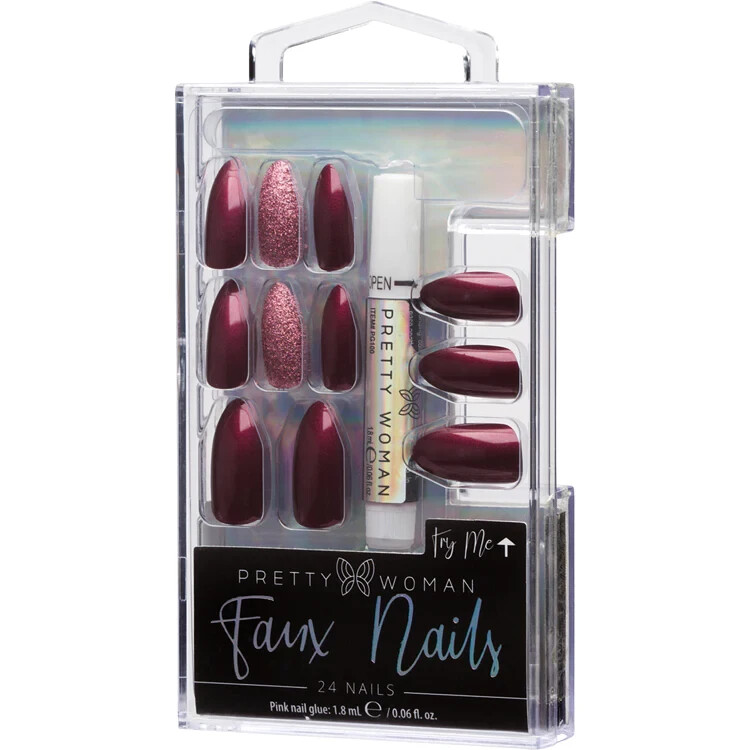 Pretty Woman Faux Nails—-Deep Red Color—Glue Included-24 Nails