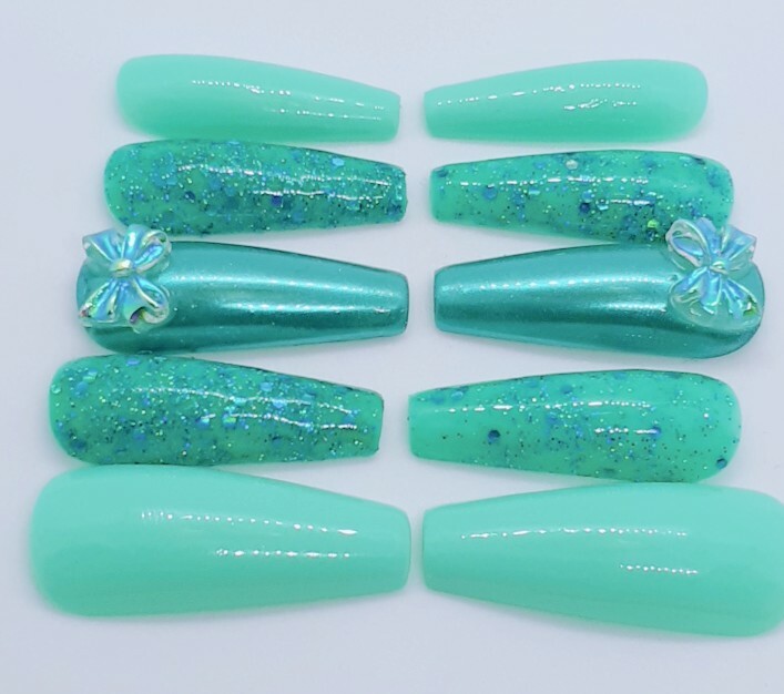 Turquoise Teal Blue Nails Kawaii Bow Glitter Nails-Clearance