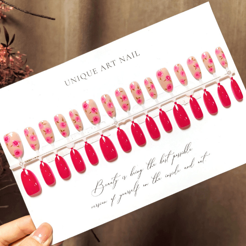 60pcs Almond Press on Nails, Wine Red Solid Blush Rose Floral Glossy Nails
