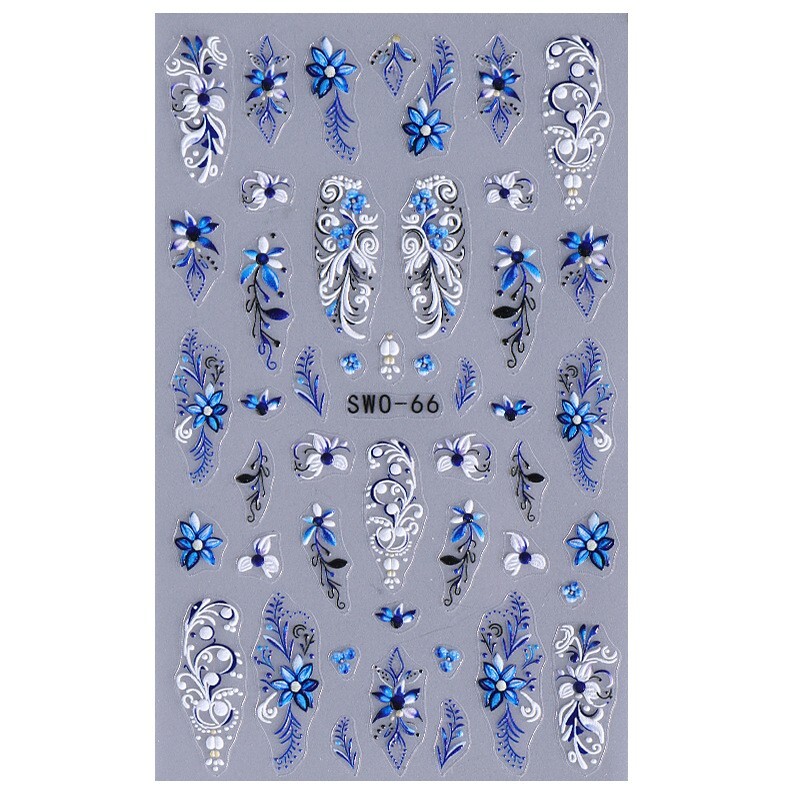Blue Lace Floral Flowers Nail Art Stickers Embossed Decals DIY Nail Design NS52