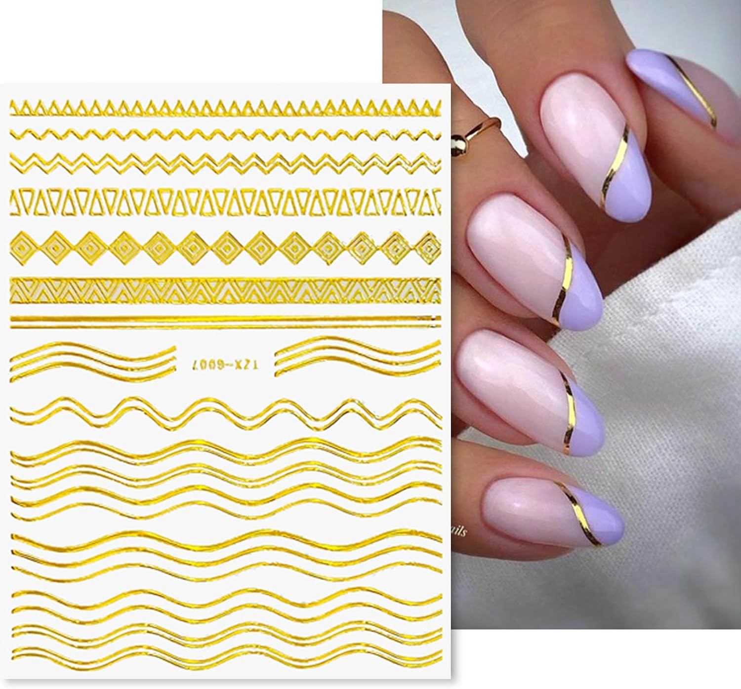 12 Sheets Gold Nail Stickers – 3D Self-Adhesive Metal Geometric Stripe Wave Nail