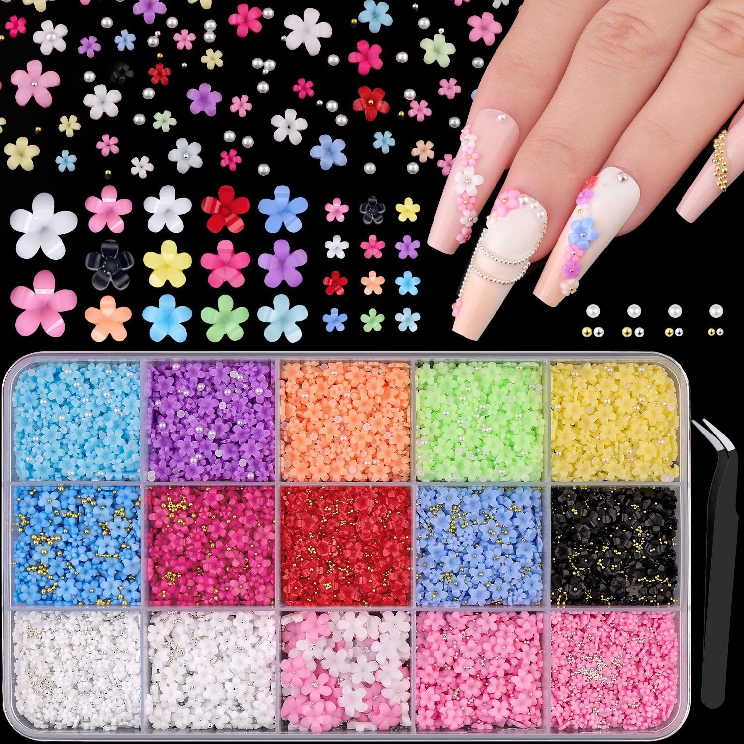 3D Flower Nail Charms for Nail Art, Cute Colorful Acrylic Floral Nail Charms wit