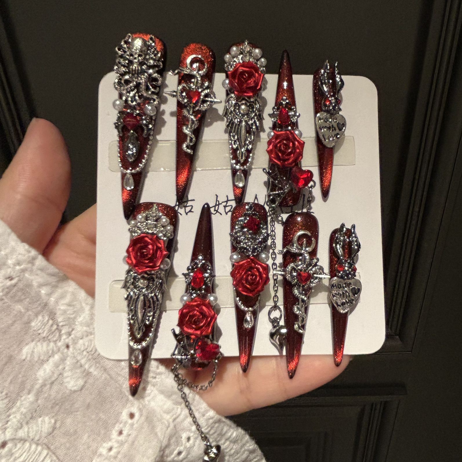 Handmade Gothic Rose Dark Nails Removable Press On Nails