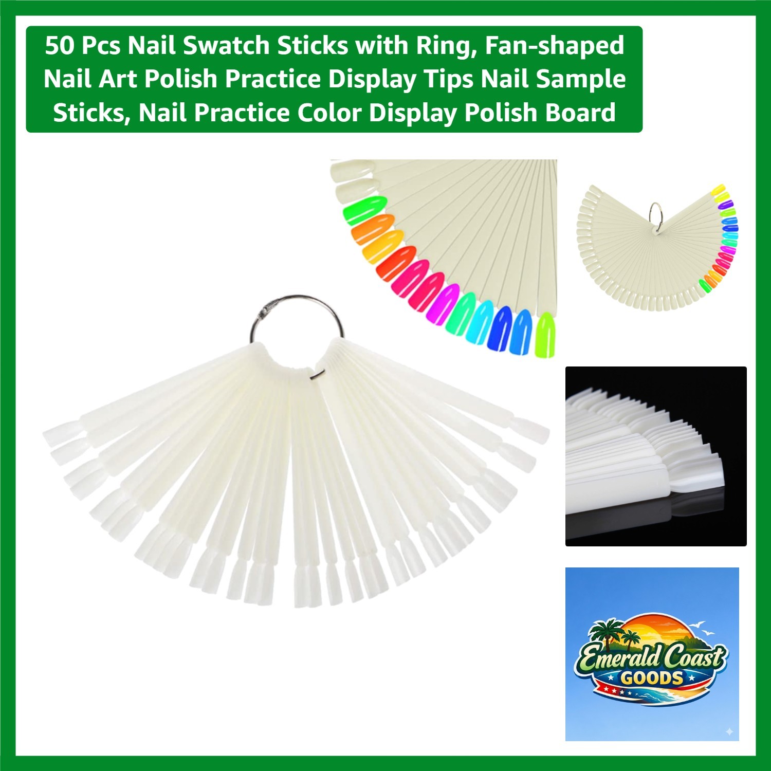 Durable 50-Packs Nail Art Practice Swatch Sticks with Split Ring for Display