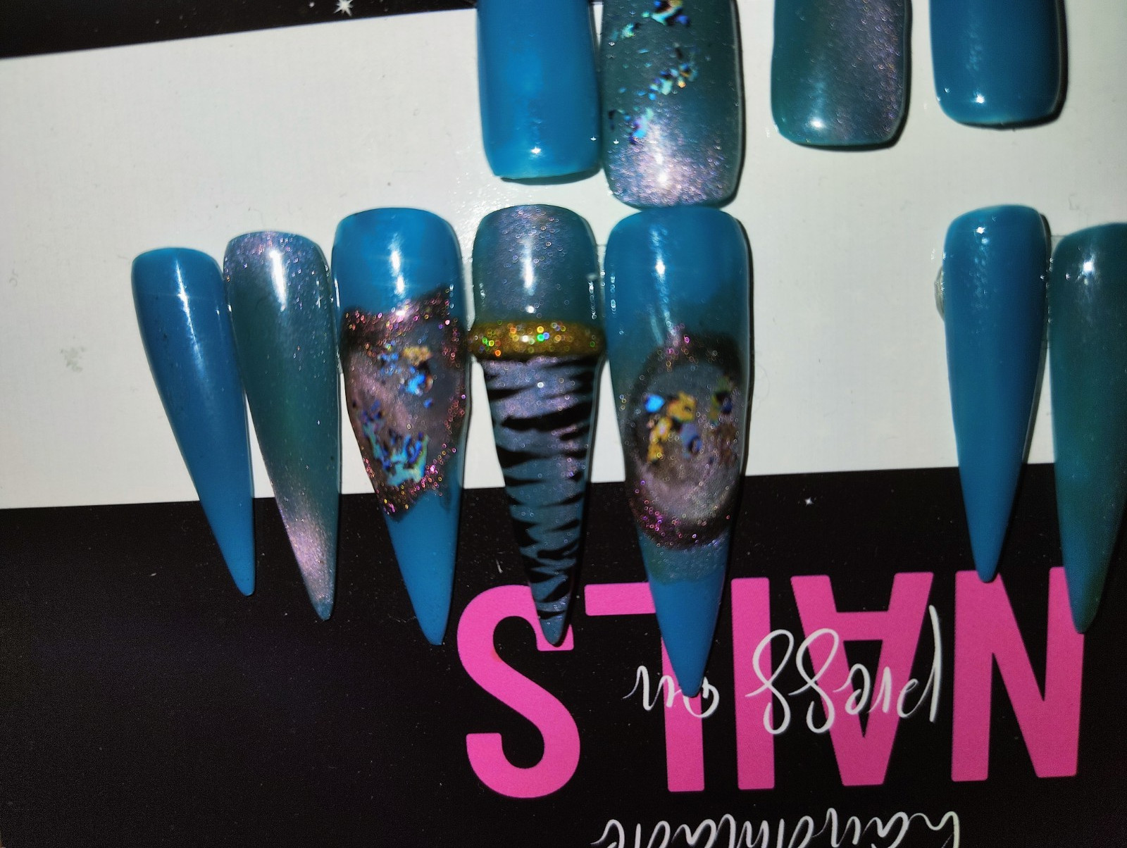 Blue/Black Glitter Zebra Acrylic Press-On Nails Long Stiletto Pre-Designed