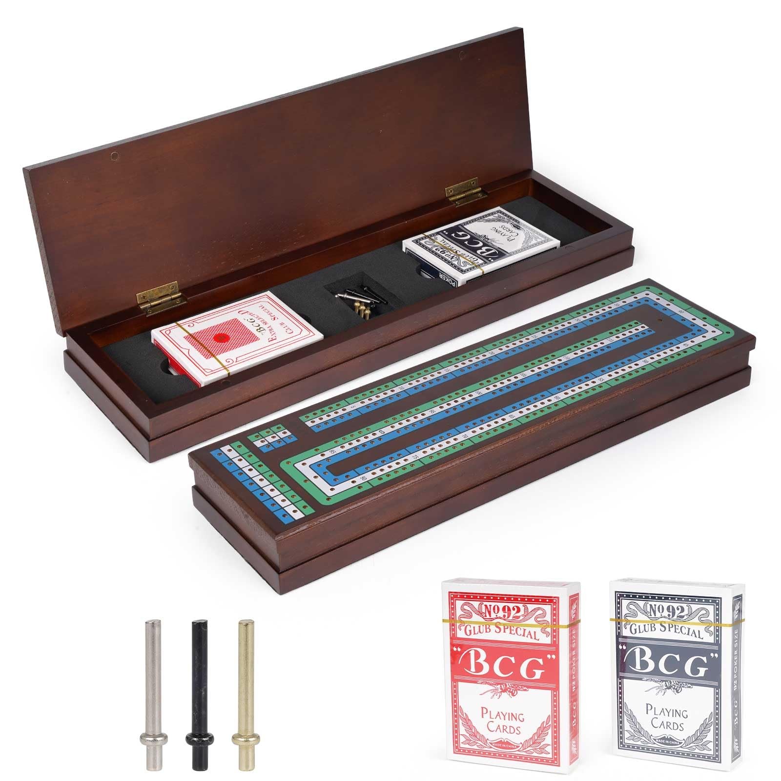 Wooden Cribbage Board Game Set, Premium 15.4″L x 5.3″W x 2.2″H