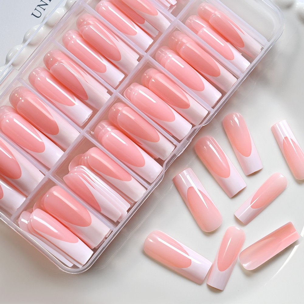 Title: 120PCS Glossy Pink French Press On Nails 12 Sizes Full Cover False Nails