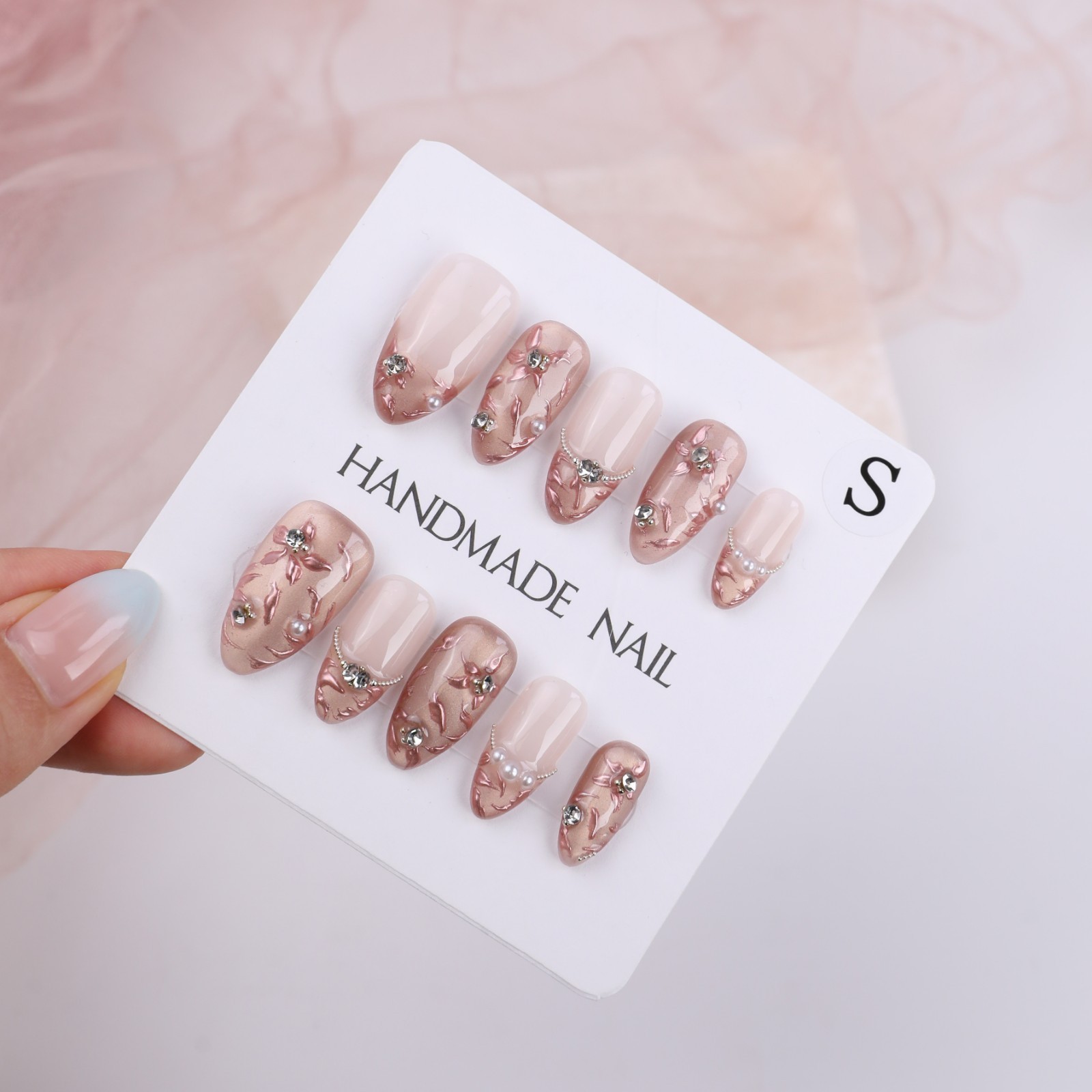 Press On Nails Medium Almond Nude Pink Floral Pearl Rhinestone Wedding Nail Set