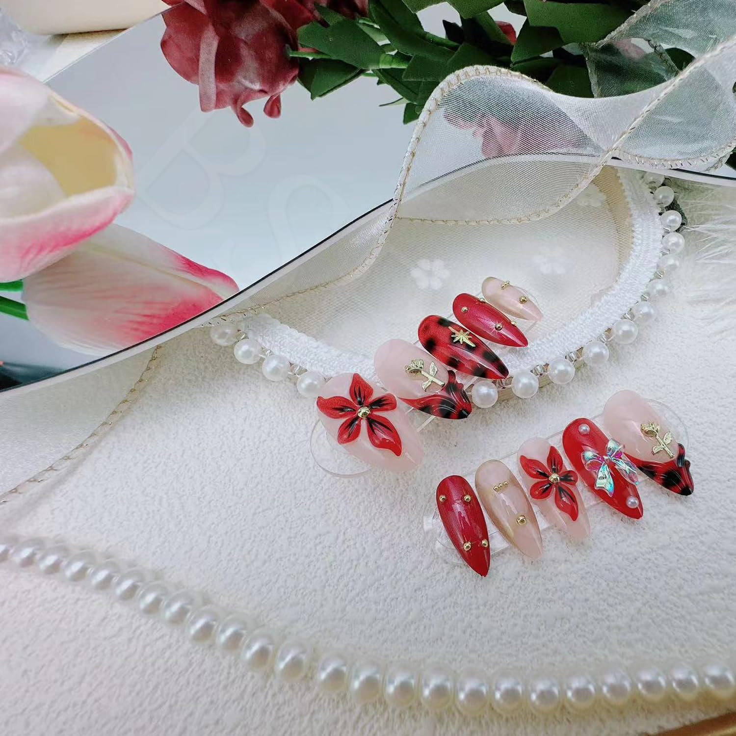 24Pcs Flower Press on Nails Medium Almond Fake Nails with 3D Bow Rose Gold Beads