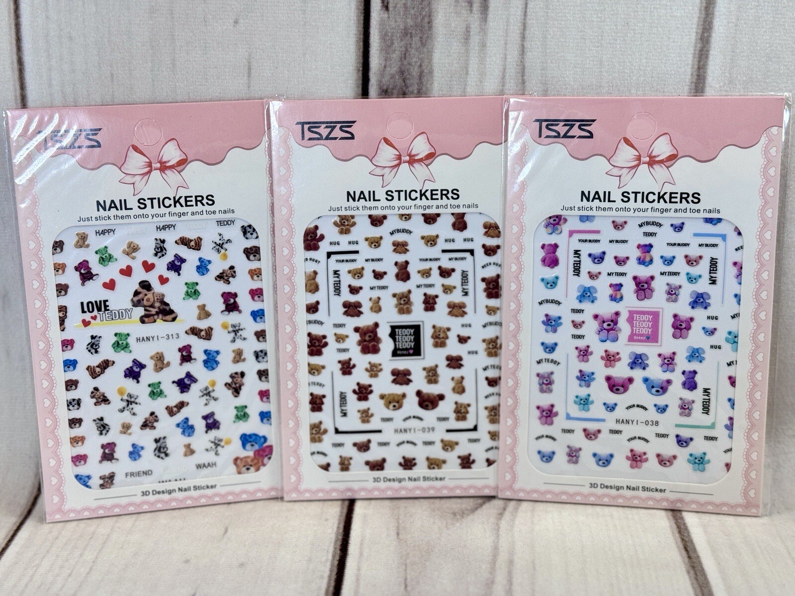 Lot x3 NEW Teddy Bear Colorful Rainbow Self Adhesive Nail Sticker Stickers Sheet