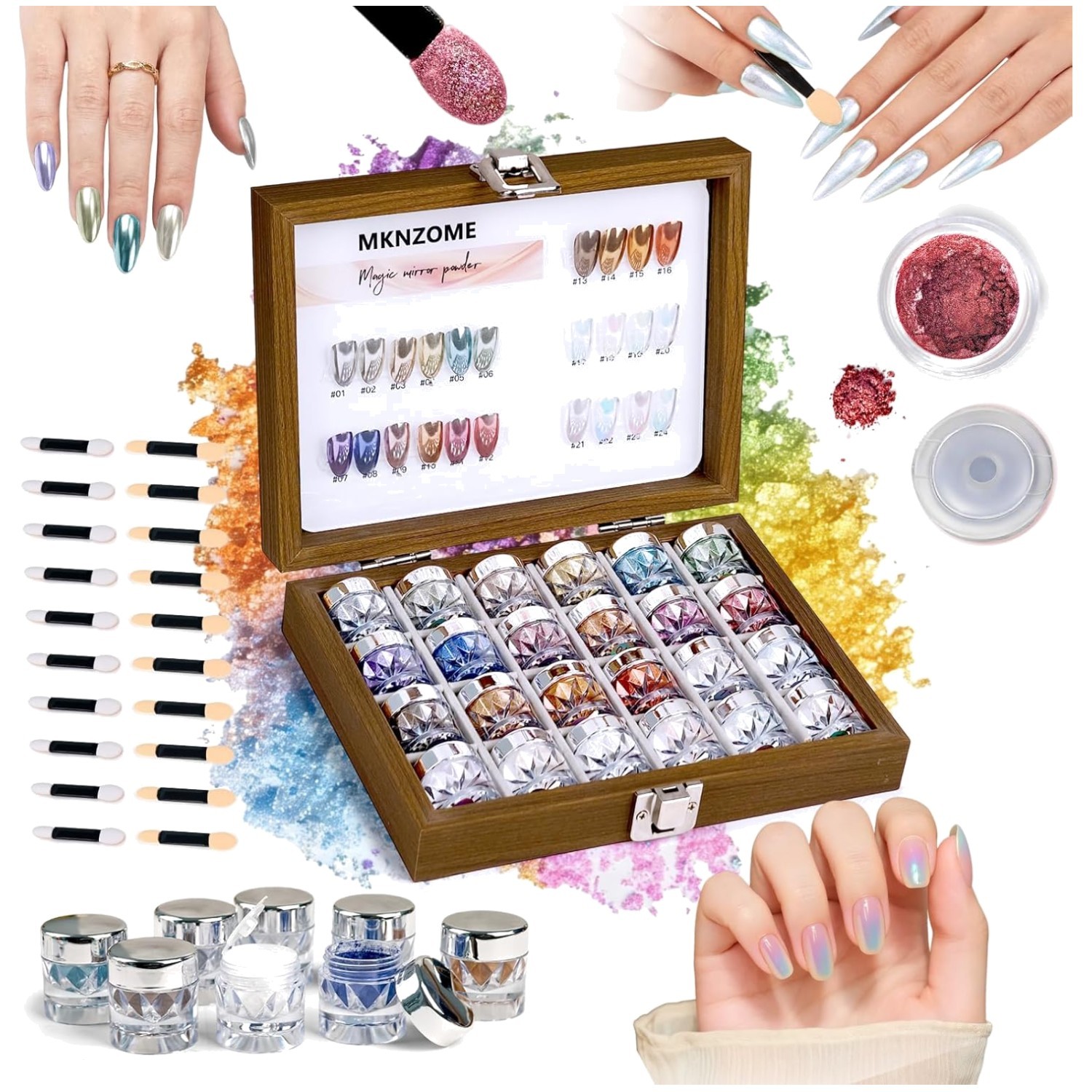 Home Nail Art Decoration Set – 24 Iridescent Chrome Powders
