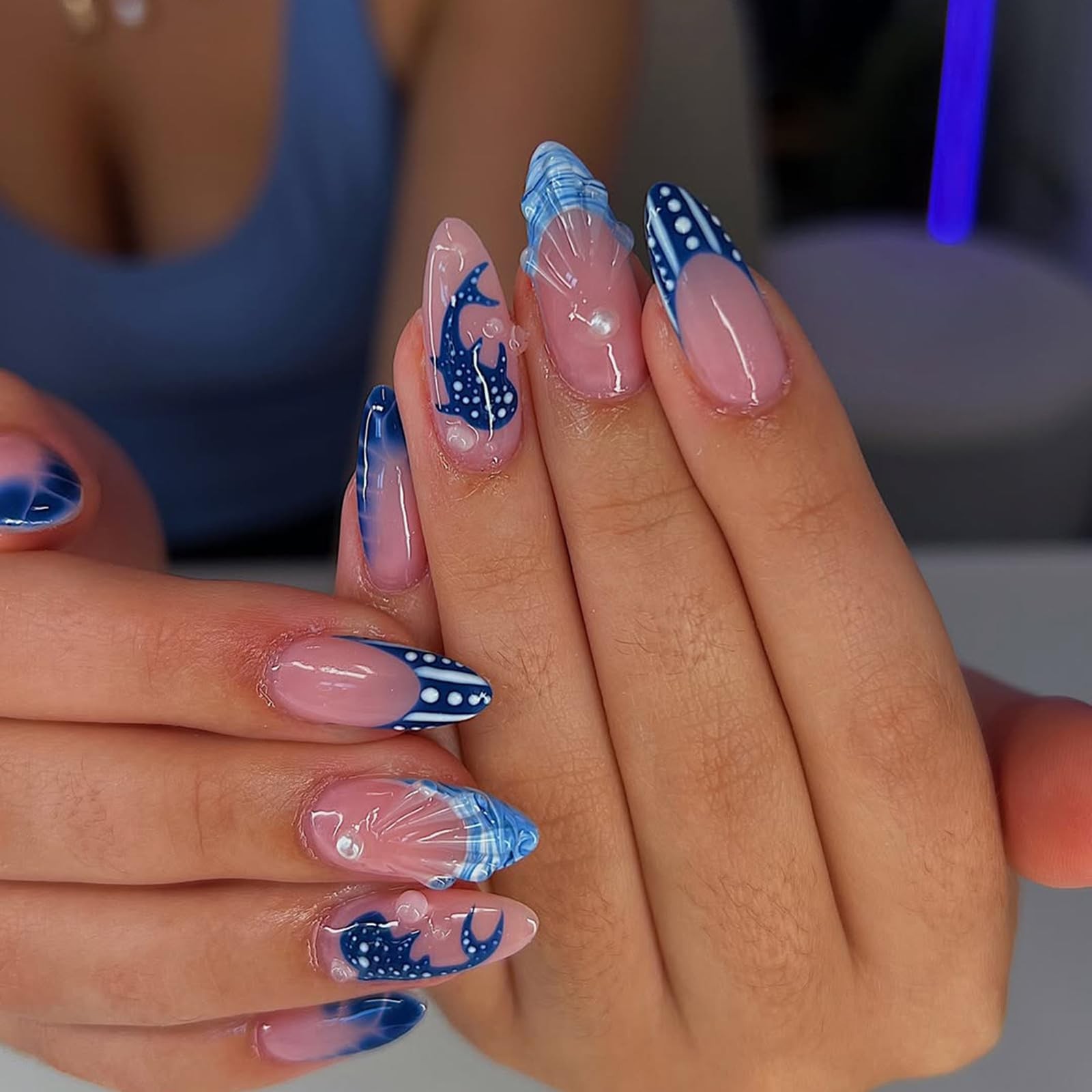 3D Wave Medium Press on Nails Almond Fake Blue | Spots Medium, Style-21